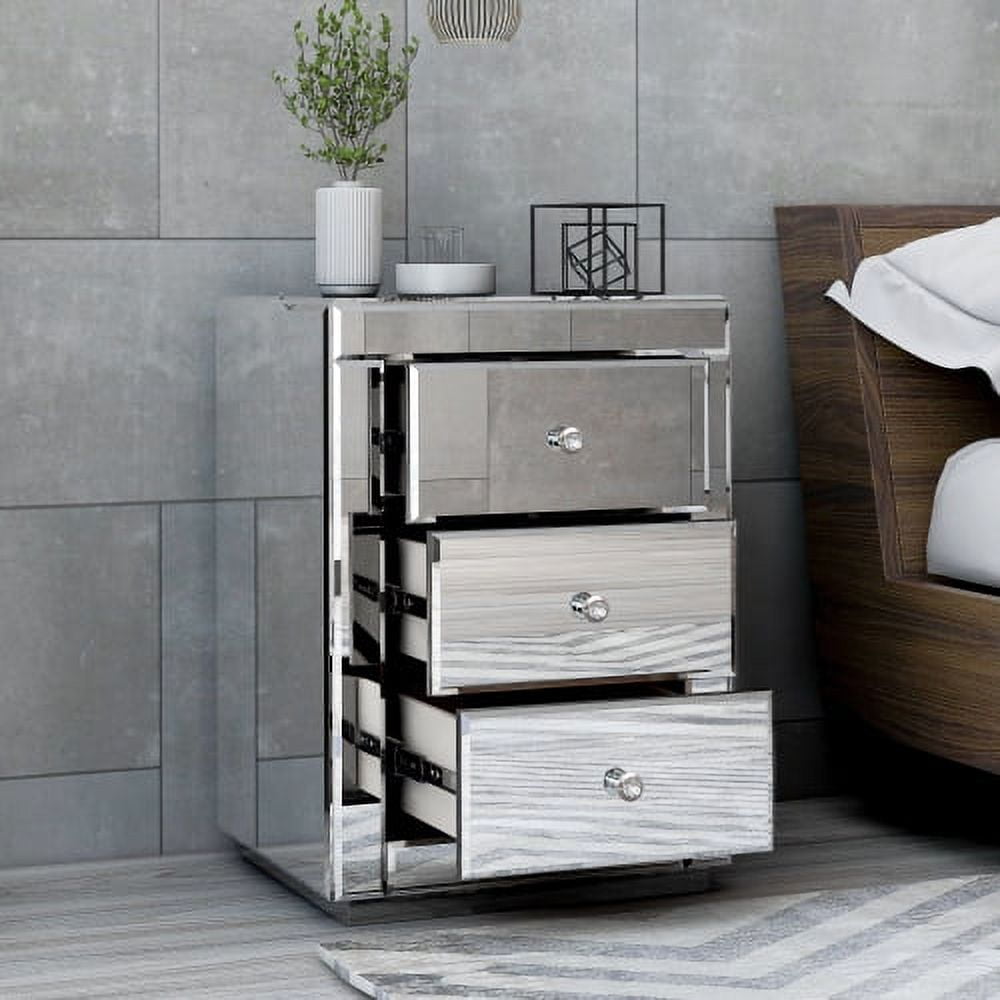 Mirrored Nightstand Silver Bedside Table with Three Drawers, Mini