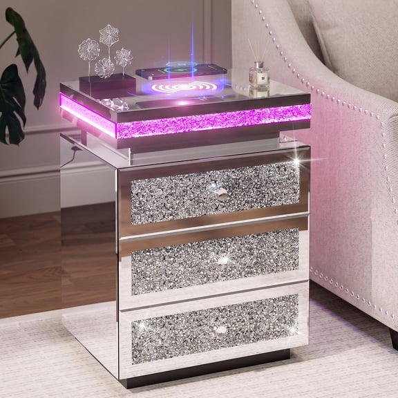 Mirrored Nightstand Wireless Charging StationLED lights Crushed Crystal Bedside End Table for Bedroom Modern 3 Drawers Side Table Silver for Living Room Office Home Decor