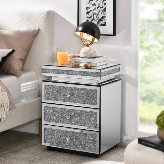 Mirrored Nightstand With 3 Drawers, Silver Crystal Inlay Bedroom Table, Modern, 13.8"w X 17.7"l 23.6"h Bedside Table Modern Furniture For Bedroom,