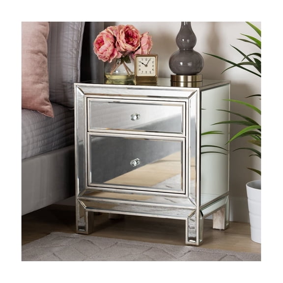 Mirrored Nightstand with 2 Drawers - Modern Bedroom Side Table - Silver Finish