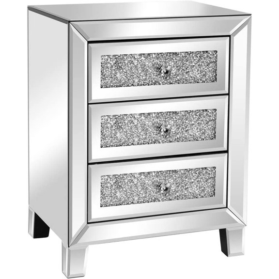 Mirrored Nightstand with 3 Drawers Modern End Table Bed Side Table with Mirrored Finish, 17.72-inch W x 13.78-inch D x 23.62-inch H, Silver