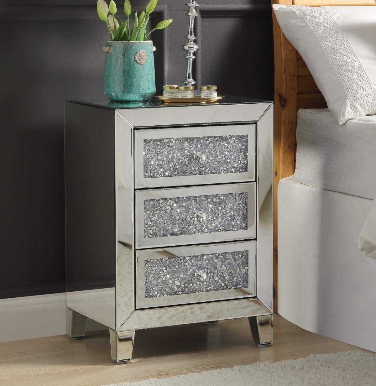 Mirrored Nightstand with Crystal Diamond Inlay Silver Mini