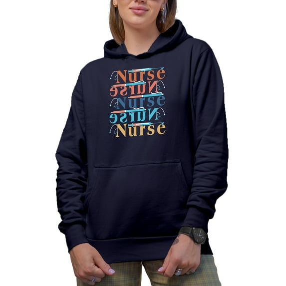 Mirrored Nurse Word, Nurses Week, Navy Blue Hooded Sweatshirt or Hoodie, XL