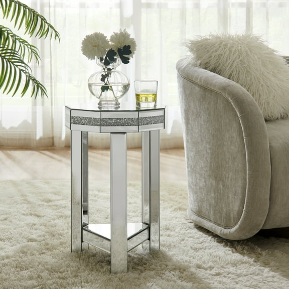 Mirrored Octagon End Table with Crystals Inlay, 2-Tier Modern Small Sofa Table with Storage, Silver Accent Side Table for Living Room, Bedroom, Coffee, and Small Spaces 13.8"W x 13.8"D x 21"H