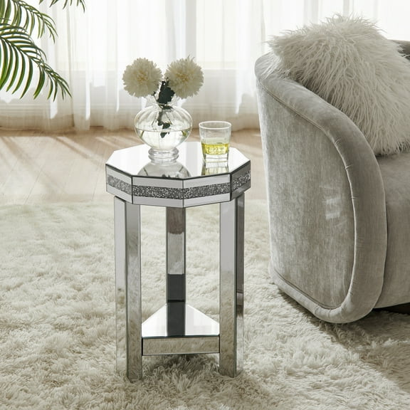 Mirrored Octagon End Table with Crystals Inlay, 2-Tier Modern Small Sofa Table with Storage, Silver Accent Side Table, 13.8"W x 13.8"D x 21"H