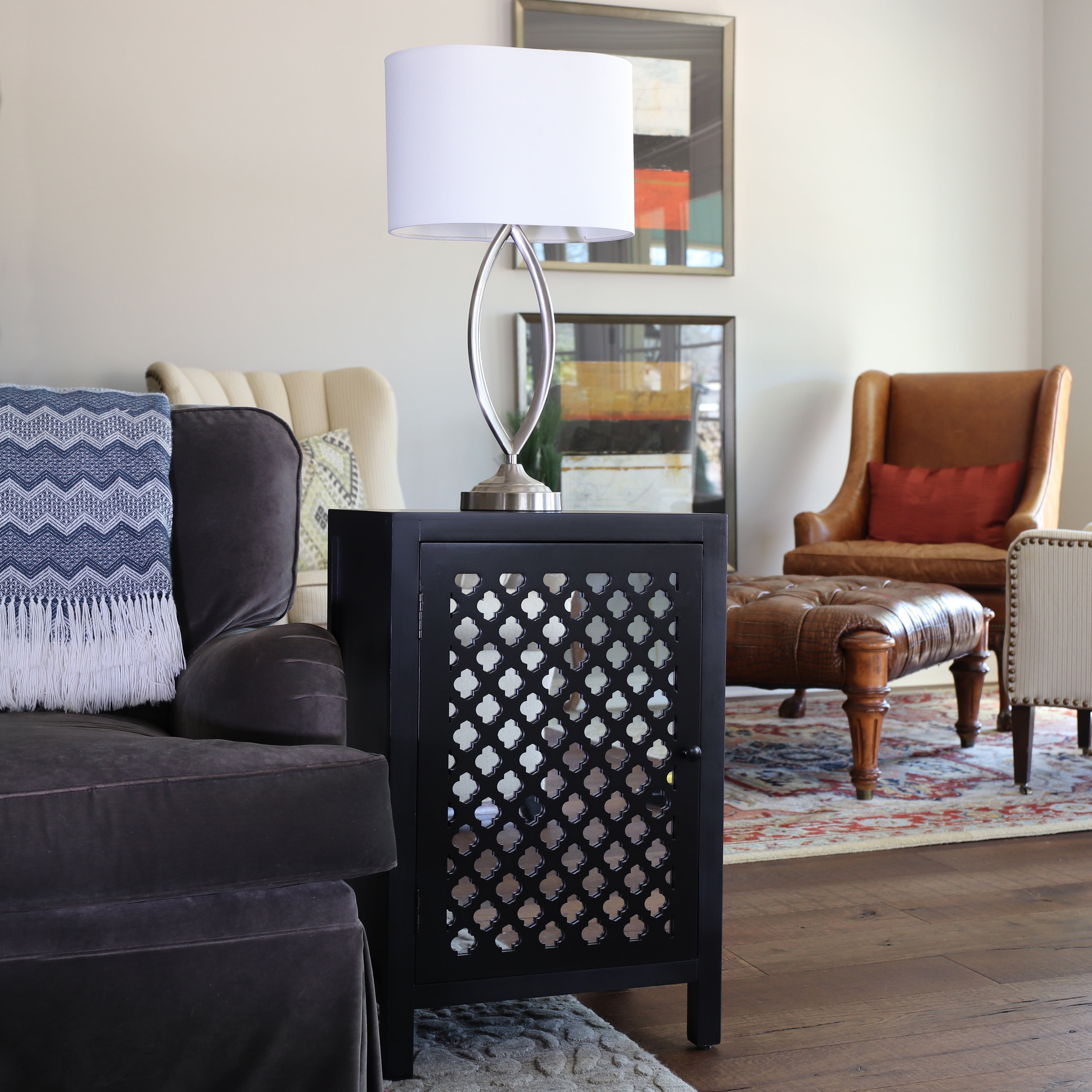 Mirrored Quatrefoil End Table with Storage