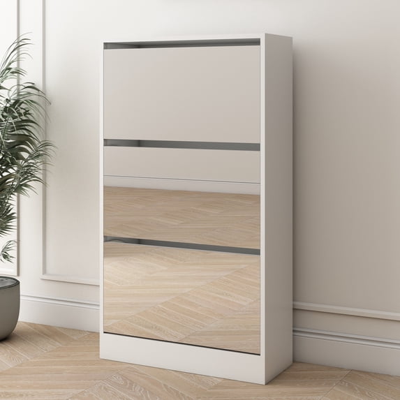 Mirrored Shoe Cabinet, 23.62" W Narrow Shoe Storage Cabinet with 3 Flip Drawers for 18 Pairs, 3 Tier White Shoe Organizer Shoe Rack for Home and Apartment