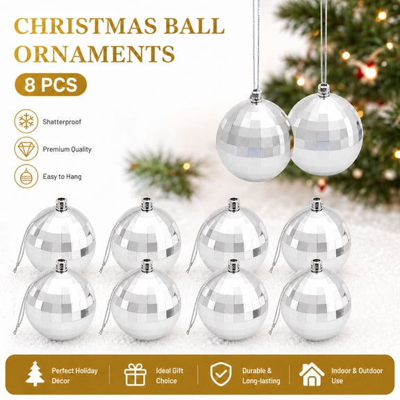 Mirrored Silver Christmas Ball Ornaments Set of 8, 8cm Shatterproof Hanging Tree Baubles with Strings for Holiday Party and Festive Home Decor
