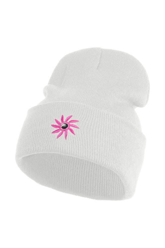 Mirrored Spiral Pinwheel Flower Iron On Patch 12 Inch Long Knitted Beanie - White OSFM