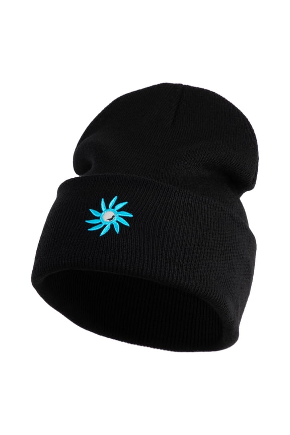 Mirrored Spiral Pinwheel Flower Iron On Patched 12 Inch Long Knitted Beanie - Black OSFM