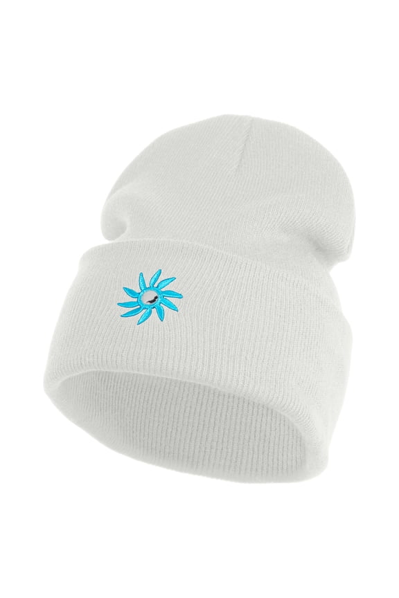 Mirrored Spiral Pinwheel Flower Iron On Patched 12 Inch Long Knitted Beanie - White OSFM