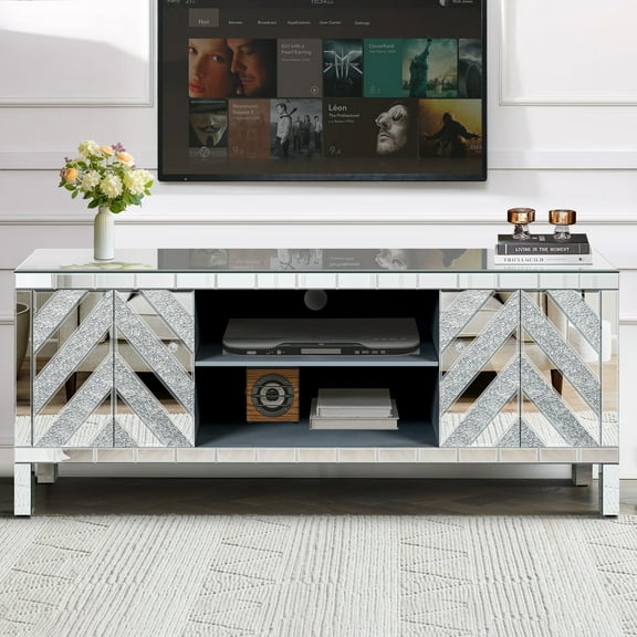 Mirrored TV Stand for 65+ Inch TV, Silver TV Console Table with Open Storage & 2 Storage Cabinets, M Shape Sparkling Mirror Doors for Living Room (59''W25.2''H15.7D)