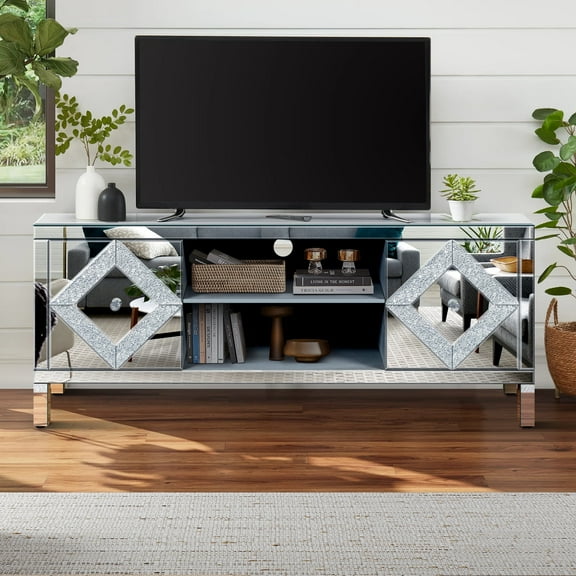 Mirrored TV Stand for 65" TV, Sliver TV Console Table with Open Storage and 2 Storage Cabinets, Diamond Shape Sparkling Mirror Doors for Living Room (59''W x 25.2''H x 15.7"D)