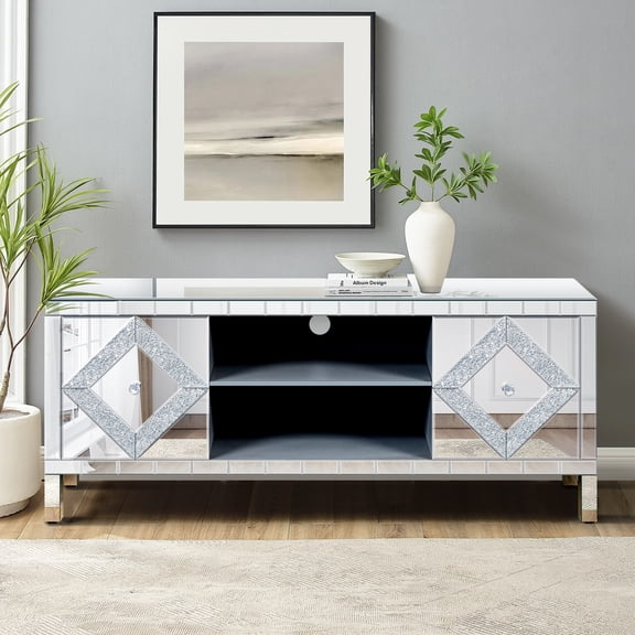 Mirrored TV Stand for 65+ inch TV,Sliver TV Console Table with Open Storage & 2 Storage Cabinets ,Diamond Shape Sparkling Mirror Doors for Living Room(59''W x 25.2''H x 15.7D)