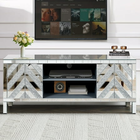 Mirrored TV Stand for 65+ inch TV,Sliver TV Console Table with Open Storage & 2 Storage Cabinets ,M Shape Sparkling Mirror Doors for Living Room(59''W x 25.2''H x 15.7D)