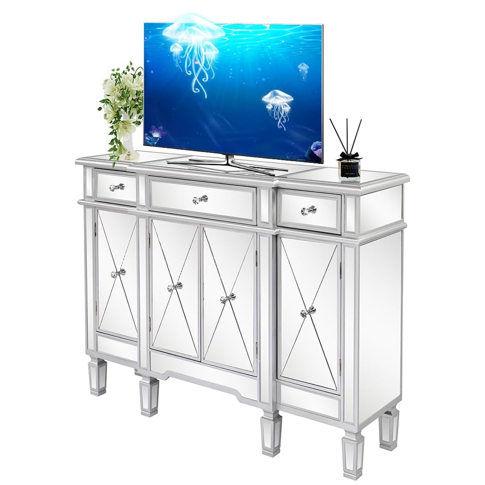 Mirrored TV Stand for TVs up to 50 Inch, Mirrored Entertainment Center, Silver TV Console