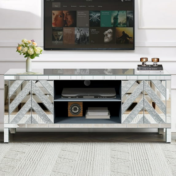 Mirrored TV Stand for 65+ Inch TVs, Silver Entertainment Center with Glass Doors, Open Shelves & Storage Cabinets for Living Room
