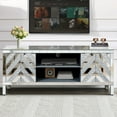 thumbnail image 1 of 65+ Inch TV Stand with Open Storage & 2 Cabinets, M-Shaped Sparkling Mirror Doors, Silver Console Table for Living Room (59''W x 25.2''H x 15.7''D), 1 of 9