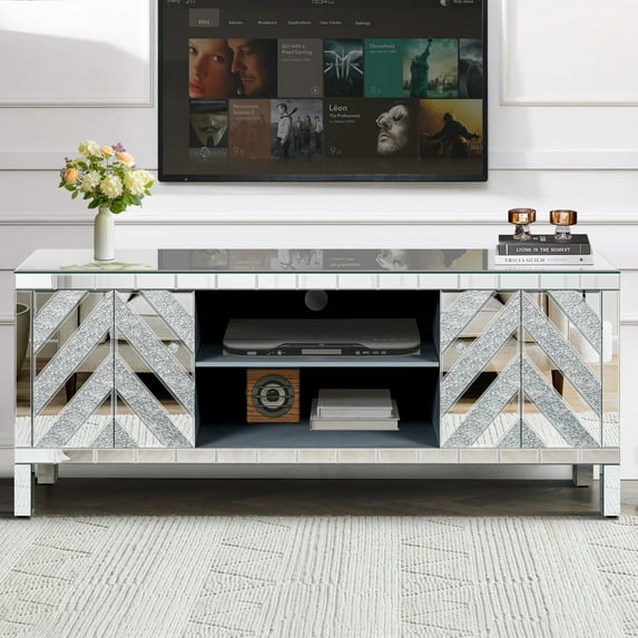 65+ Inch TV Stand with Open Storage & 2 Cabinets, M-Shaped Sparkling Mirror Doors, Silver Console Table for Living Room (59''W x 25.2''H x 15.7''D)