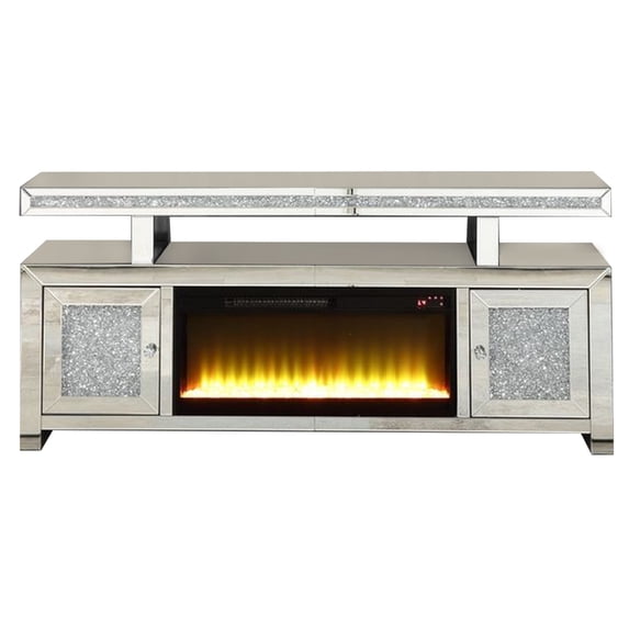 Mirrored TV Stand with LED Fireplace and Remote, Silver