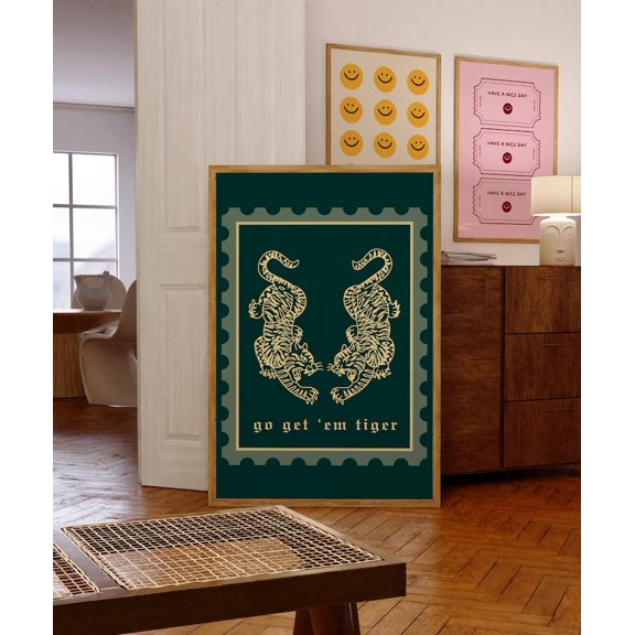 Mirrored Tiger Art Print Motivational Poster: Retro Tattoo Style Bright Wall Decor 8x12 UNFRAMED