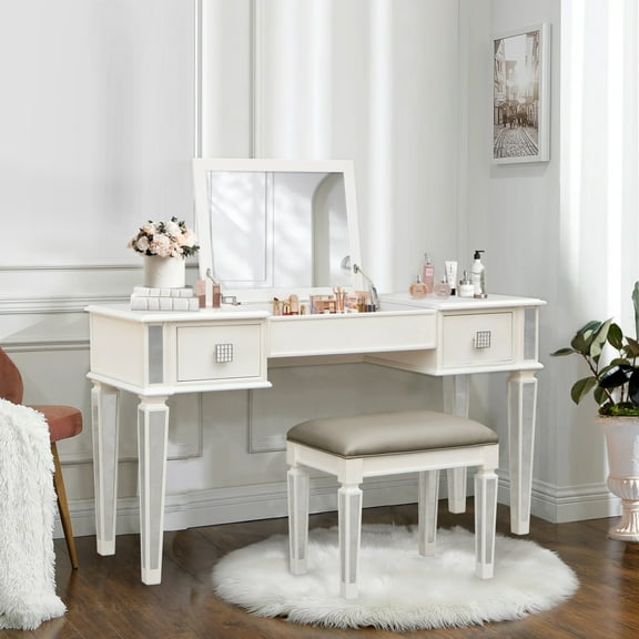 Mirrored Vanities Desk with Drawers, Bedroom Makeup Vanity Table Set with Mirror and Stool, Flip Up Dressing Table for Bedroom/Makeup Room, Working Desk for Women, Girl Furniture Combo84037