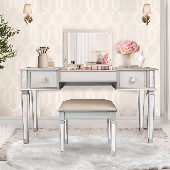 Mirrored Vanity Desk with Drawers and Stool, Flip-Up Makeup Dressing Table for Bedroom or Beauty Studio, Space-Saving Women's Workstation with Storage, Girls Bedroom Furniture Set