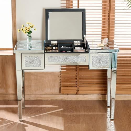 Mirrored Vanity Desk with Flip Top Mirror Luxury Makeup Vanity Table with Crushed Diamond Inlay 3 Drawers 4 Hidden Compartment 39.8" Bling Makeup Desk Silver Glass Console Table