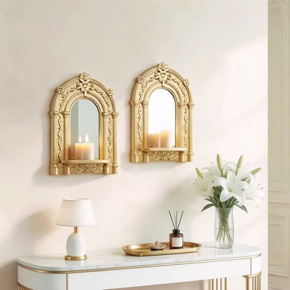 Mirrored Wall Art Candle Sconces Set of 2 Rustic Wood Hangings for Home Decor