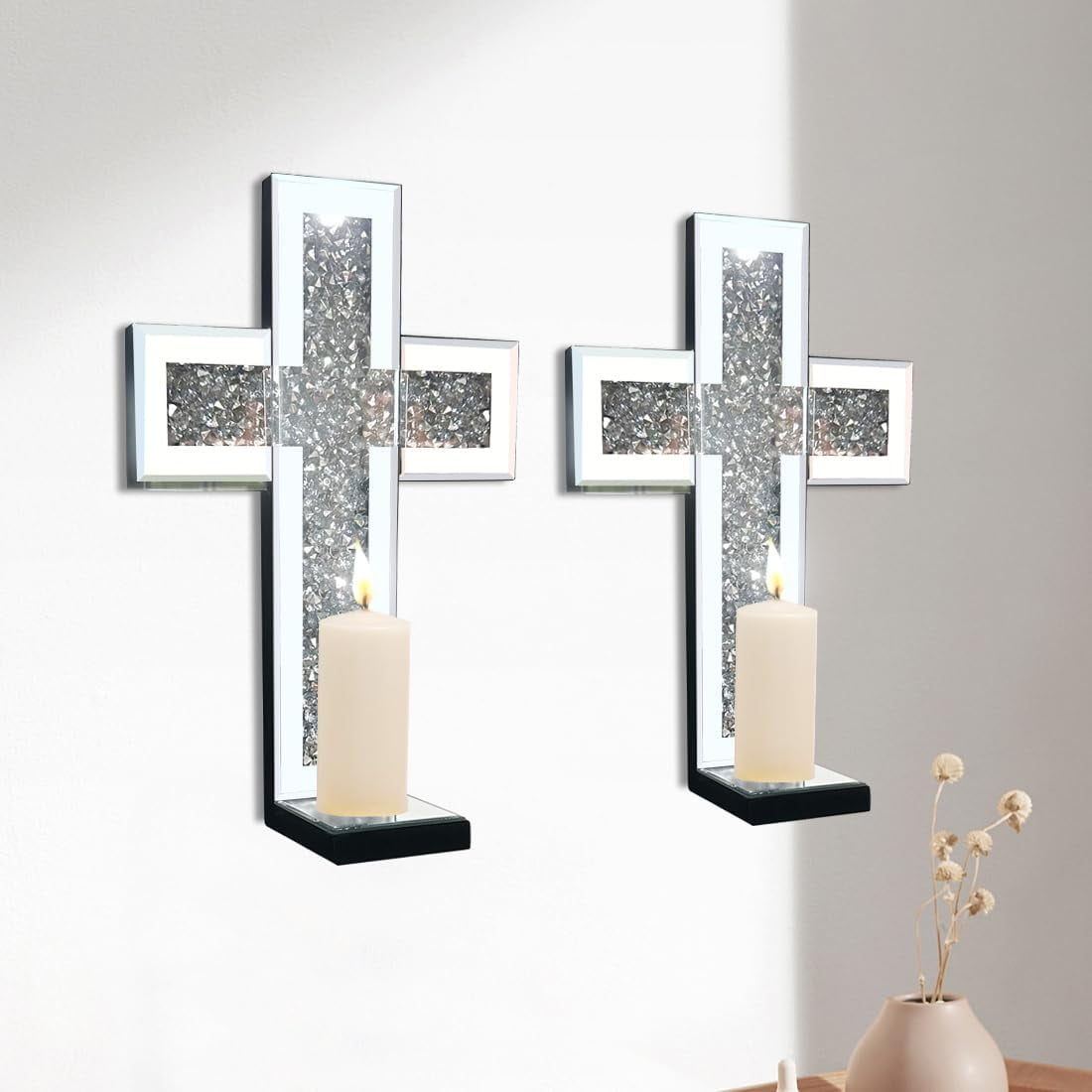 Mirrored Wall Candle Sconces Holder Set of 2, Wall Decor Living Room