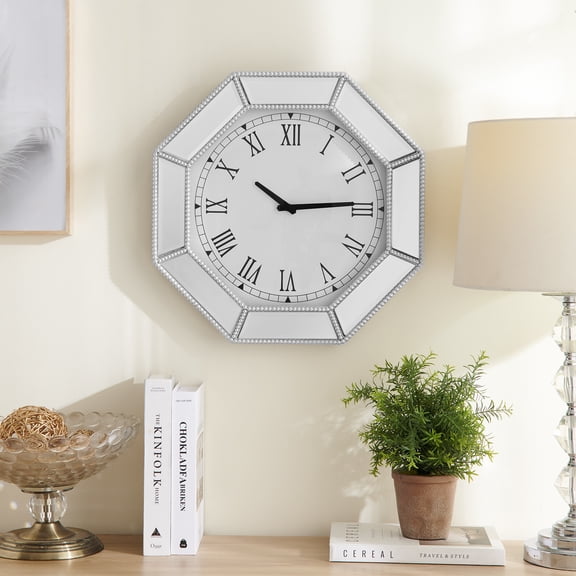 Mirrored Wall Clock 17.7 Inch for Living Room Decor, Octagonal Decorative Silver Glass Mirror Clock with Beaded Trim, Silent Non-Ticking Quartz, Roman Numeral for Living Room Bedroom Dining Room