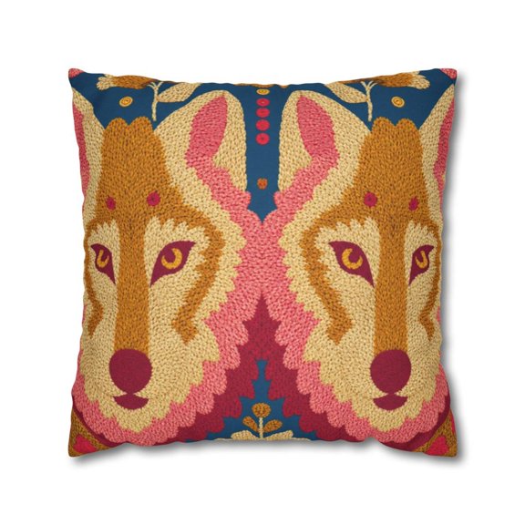 Mirrored Wolf Folk Floral, Teal, Mustard, Pink, Polyester Velvet Square Throw Pillow Cover Only, No Insert, Double Sided Print, Envelope Closure