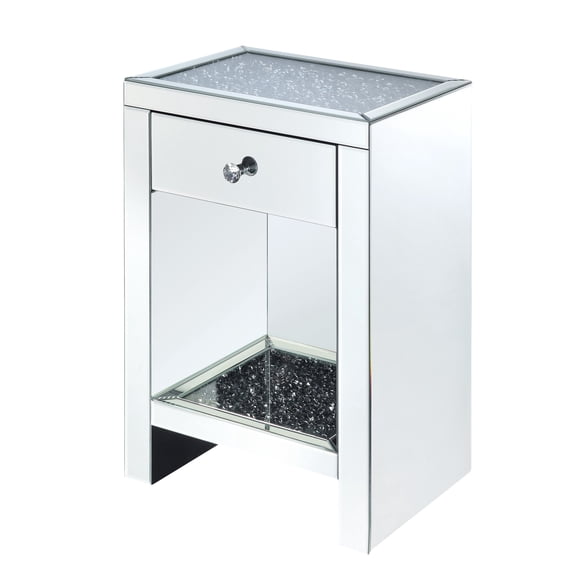 Benjara Mirrored Wooden Night Table with 1 Drawer and Bottom Shelf, Silver