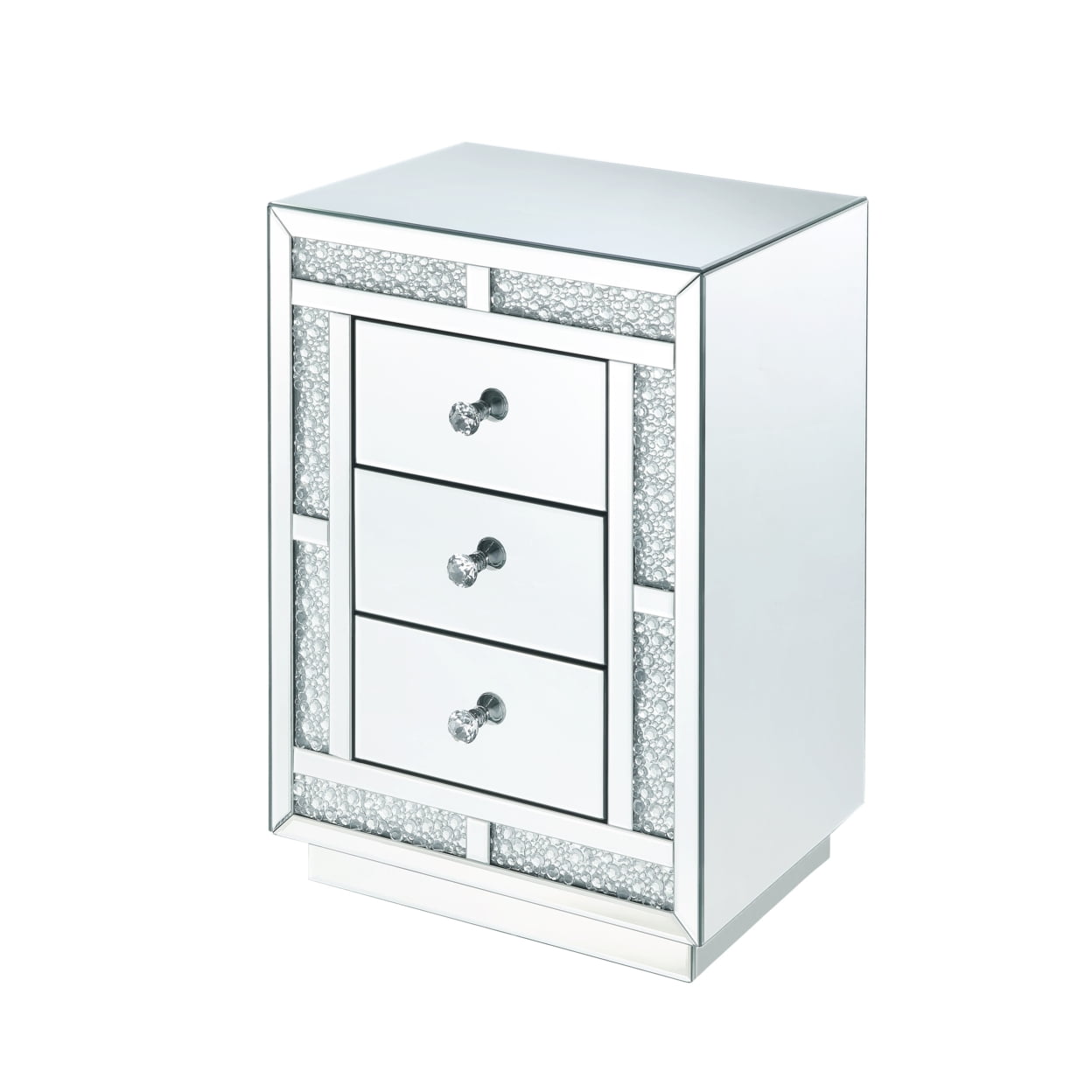 Modish Silver Mirrored Nightstand with Crystal Knobs and 3 Drawers