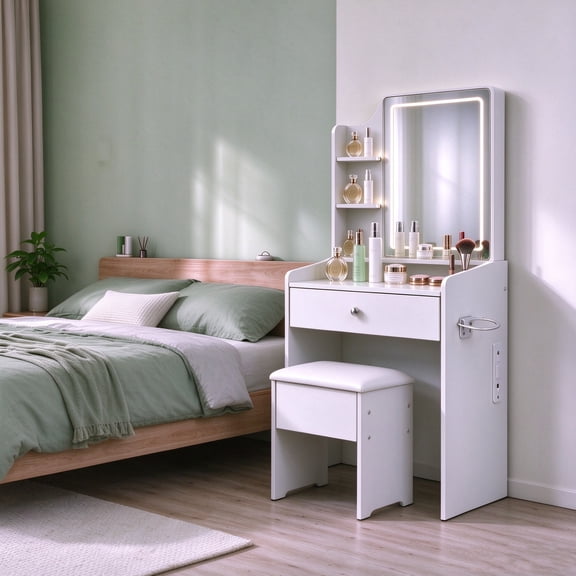 24 inch Small Makeup Vanity Table with LED Mirror, Stool and Storage Drawers for Bedroom, Dorm and Small Spaces