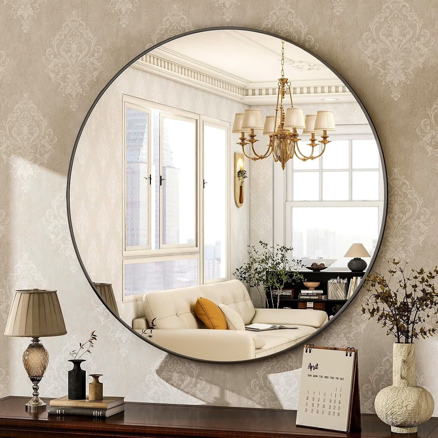 Mirrasia 30" Round Bathroom Wall Mirror, Black