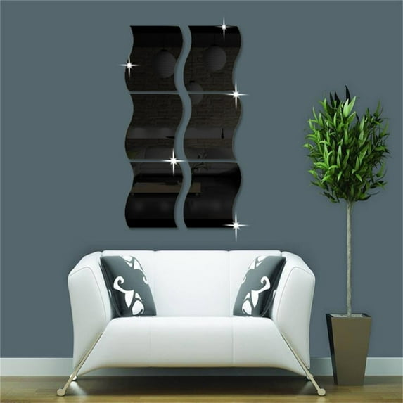 Mirrors for Walls Under $7, 6Pcs Self Adhesive Non Glass Mirror Sticker, Wavy Mirror Stickers Wall Decor, Wall Stickers Decals for Home Living Room Bedroom Closet Bathroom Wall Decoration(Black)