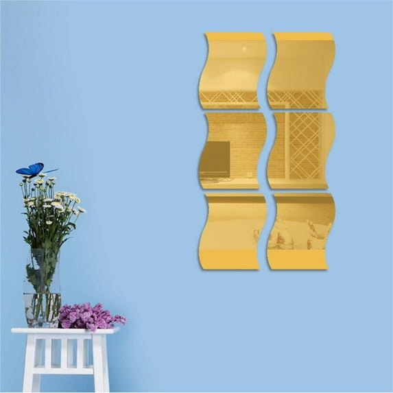 Mirrors for Walls Under $7, 6Pcs Self Adhesive Non Glass Mirror Sticker, Wavy Mirror Stickers Wall Decor, Wall Stickers Decals for Home Living Room Bedroom Closet Bathroom Wall Decoration(Gold)