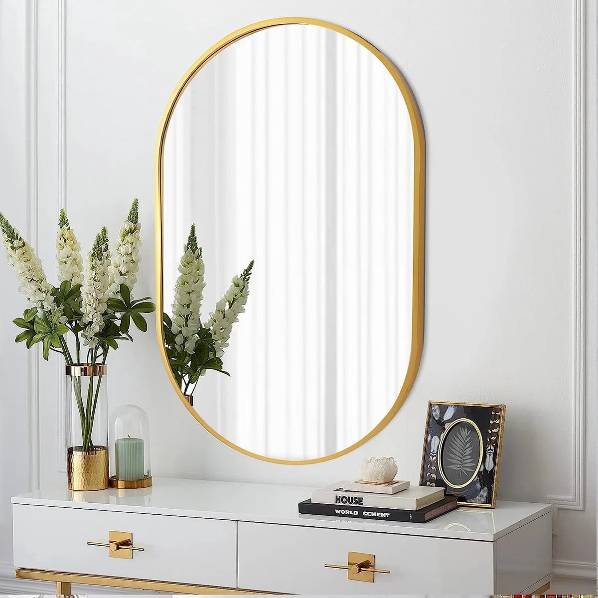 Mirstory 20.2"x 36.2" Wall Decorative Mirror Oval Bathroom Vanity Mirror with Aluminum Alloy Frame, Gold