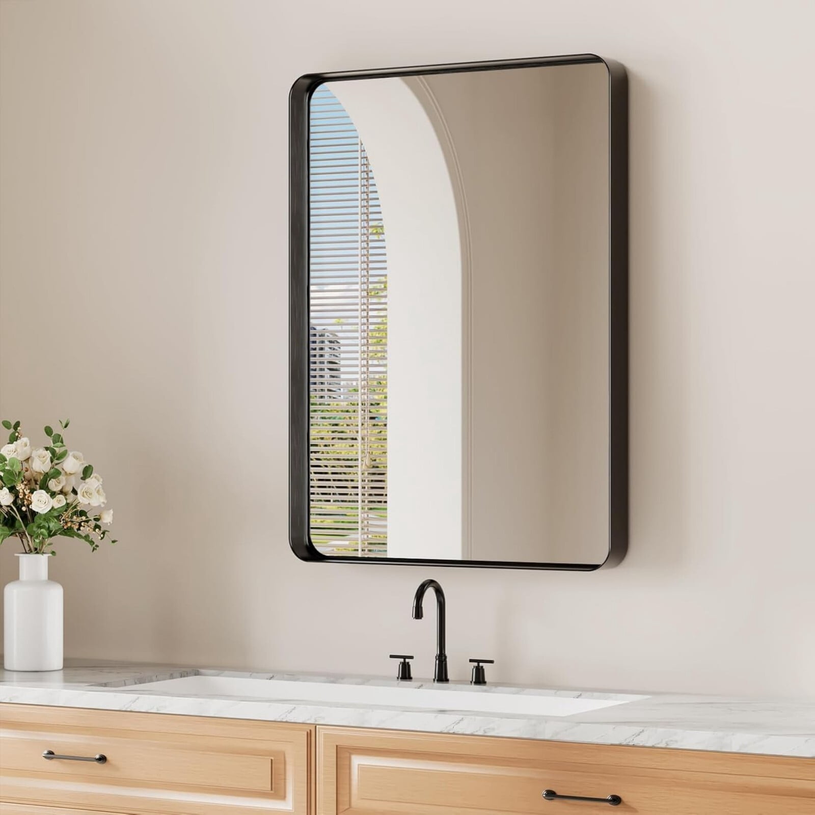 Mirstory 22"x30" Bathroom Mirror Wall Mirror Deep Framed Rounded Corner for Wall,Black