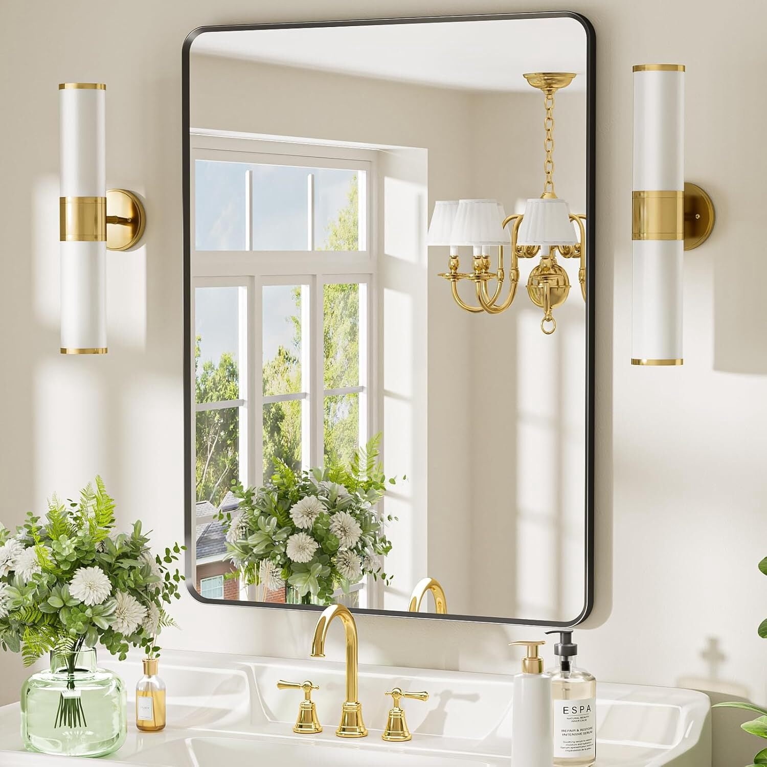 Mirstory 26.1"x 38.2" Wall Mirror Bathroom Vanity Mirror Rounded Corner With Aluminum Alloy Frame,Black