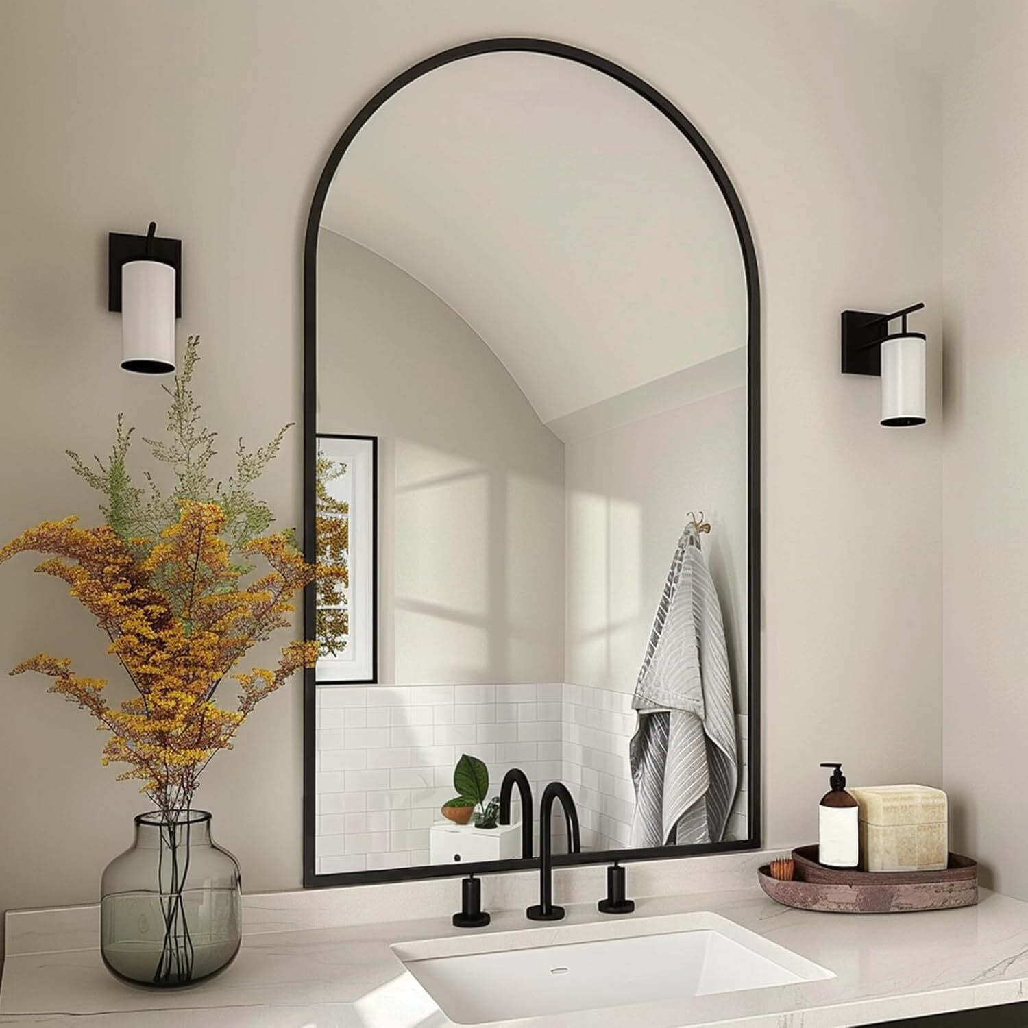 Mirstory 26.2"x 38.3" Arched Bathroom Mirror Wall Vanity Mirror, Black