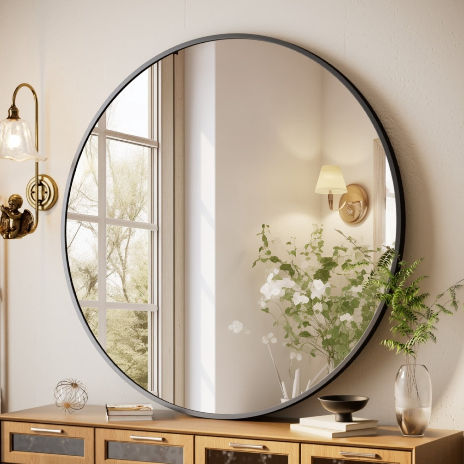 Mirstory 28" Bathroom Mirror Round Wall Mirror Vanity Mirror with Metal Frame, Black