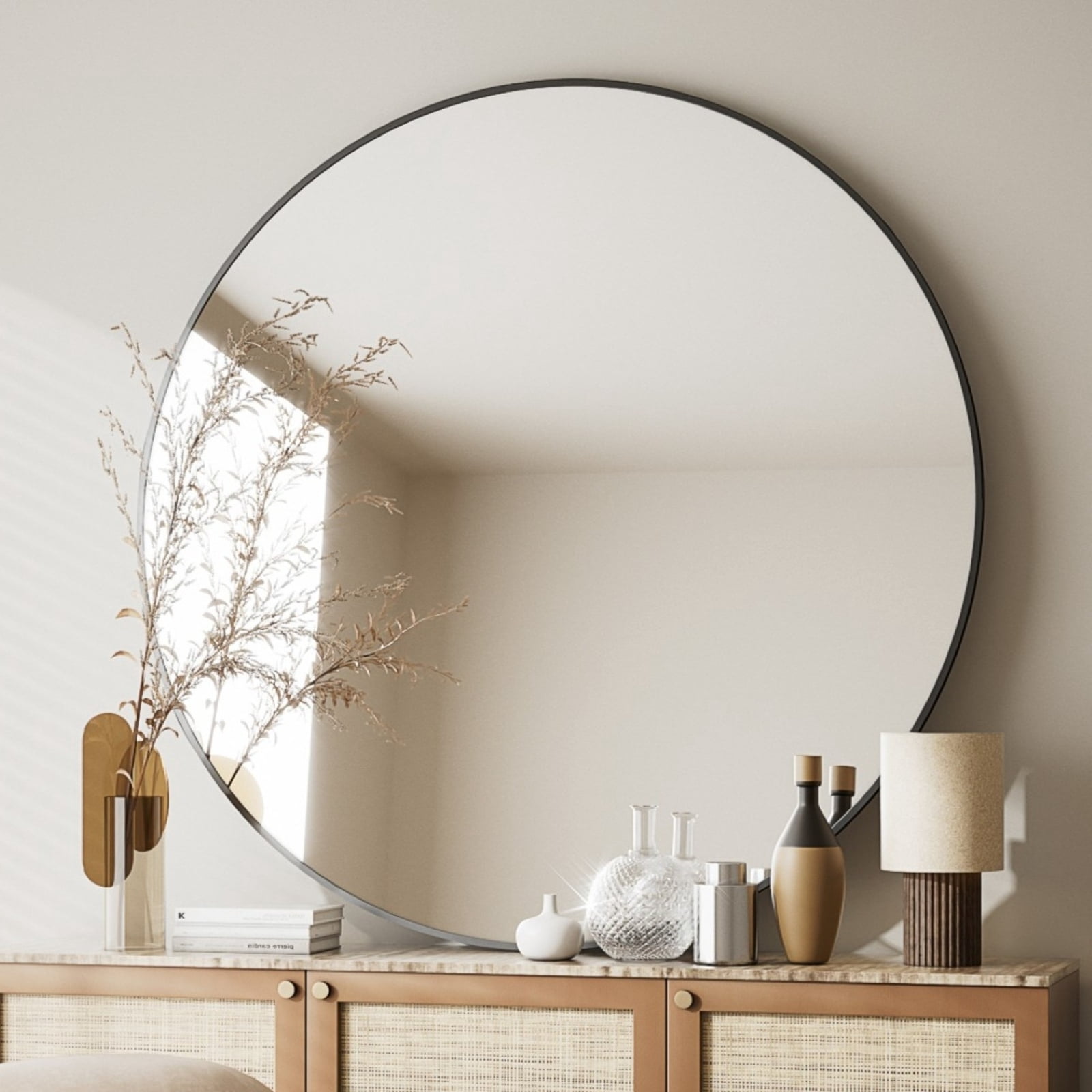 Mirstory 30" Bathroom Mirror Round Wall Mirror Vanity Mirror with Metal Frame, Black