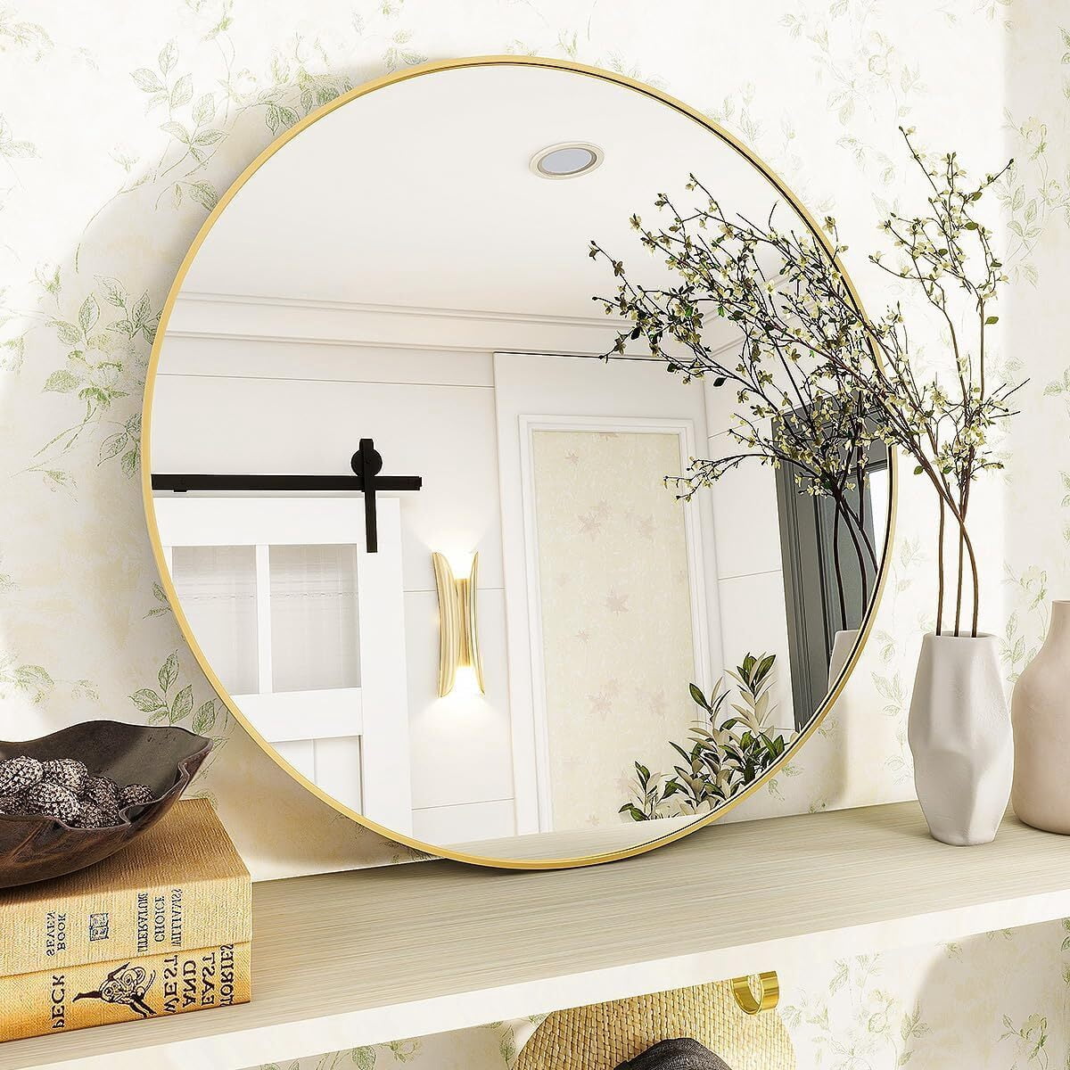 Mirstory 32.2" Modern Wall Mirror Bathroom Mirror Wall Mounted Round Mirror with Aluminum Alloy Frame, Gold
