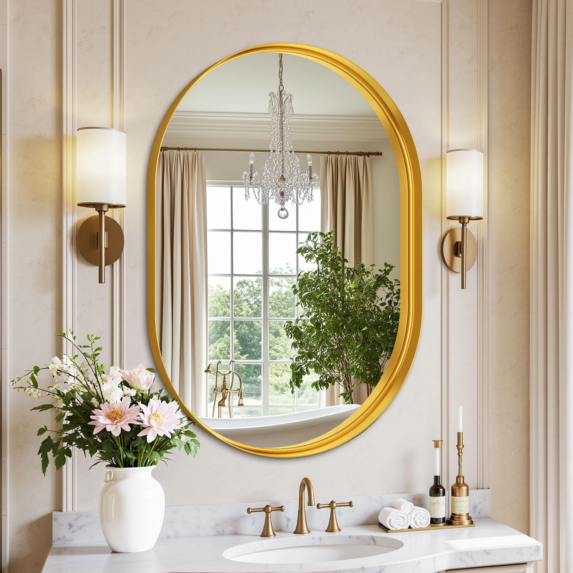 Mirstory 36.2"x 20.1" Oval Wall Vanity Mirror Bathroom Mirror with Aluminum Alloy Deep Frame, Gold