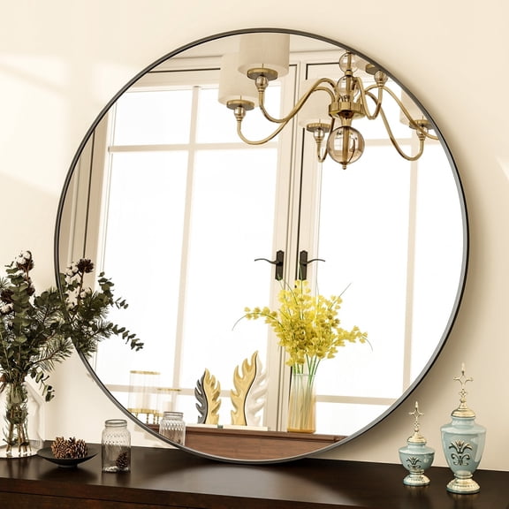 Mirstory 36" Bathroom Mirror Round Wall Mirror Vanity Mirror with Metal Frame, Black
