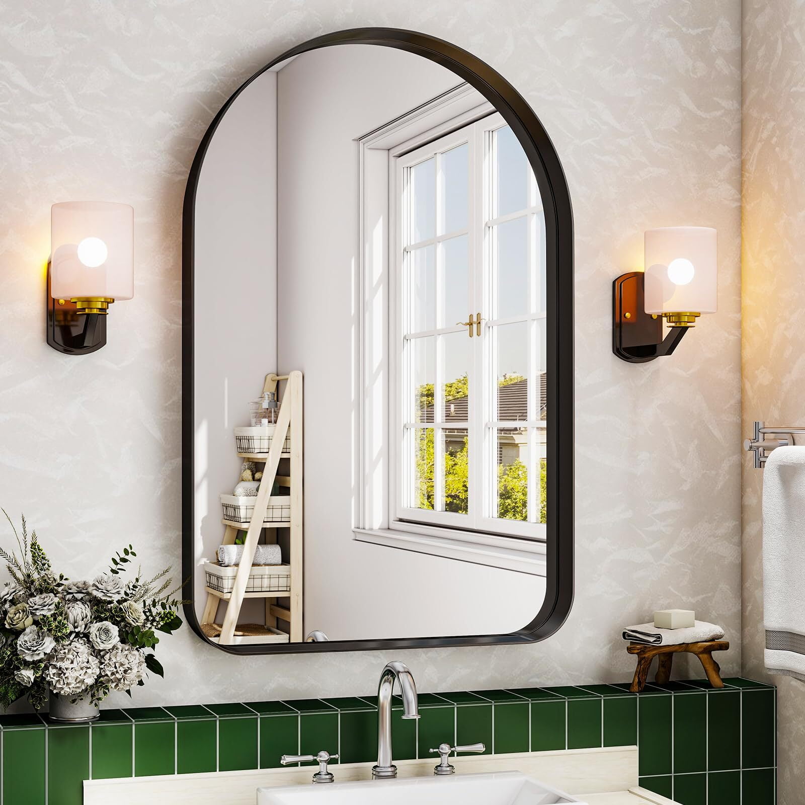 Mirstory 38.2"x 26.1" Arched Wall Vanity Mirror Bathroom Mirror with Aluminum Alloy Deep Frame, Black