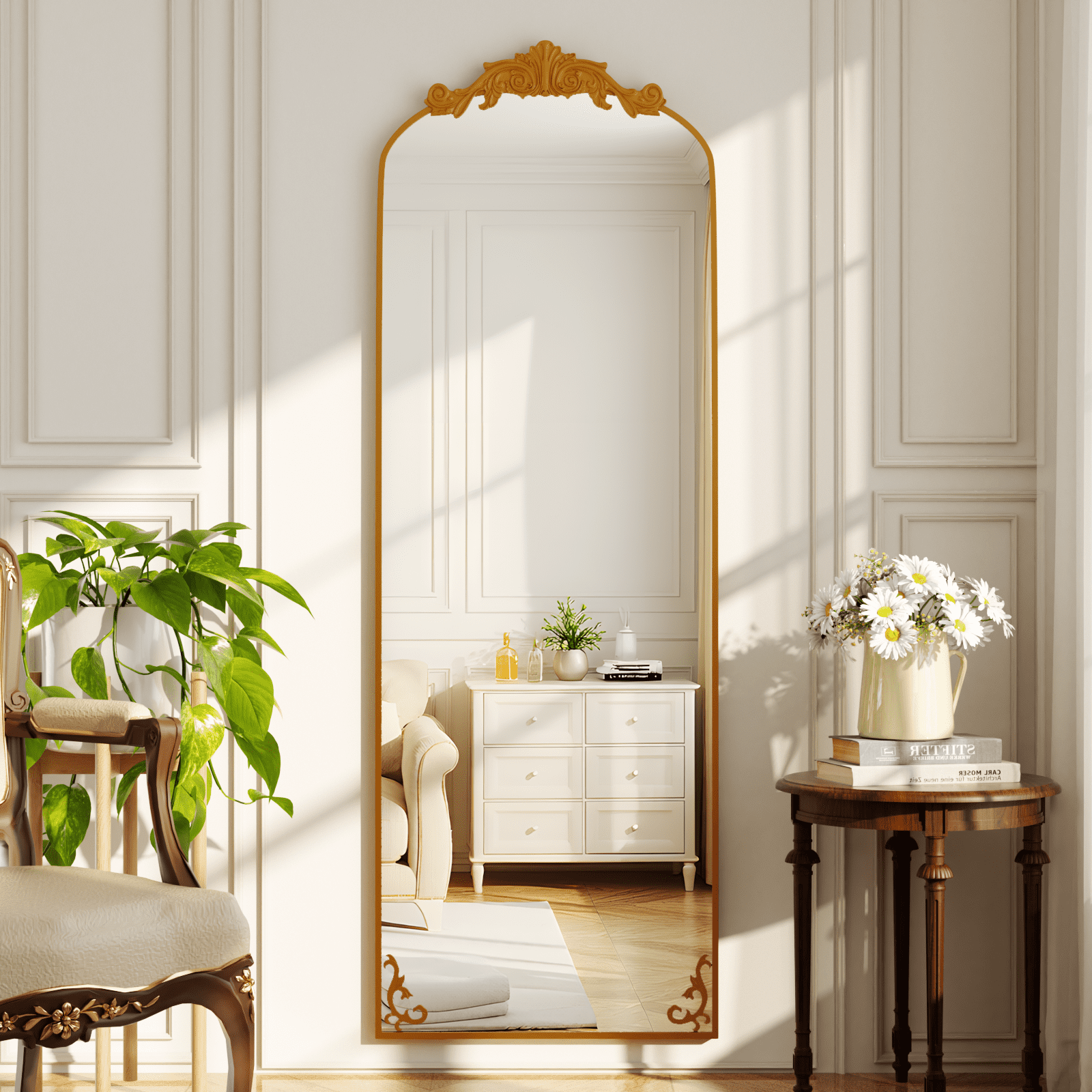 Mirstory 64"x 21" Arched Full Length Mirror Baroque Vintage Mirror with Carved Metal Frame, Gold