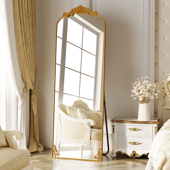 Mirstory 64"x 21" Full Length Mirror Vintage Arched Full Body Mirror with Carved Metal Frame, Gold